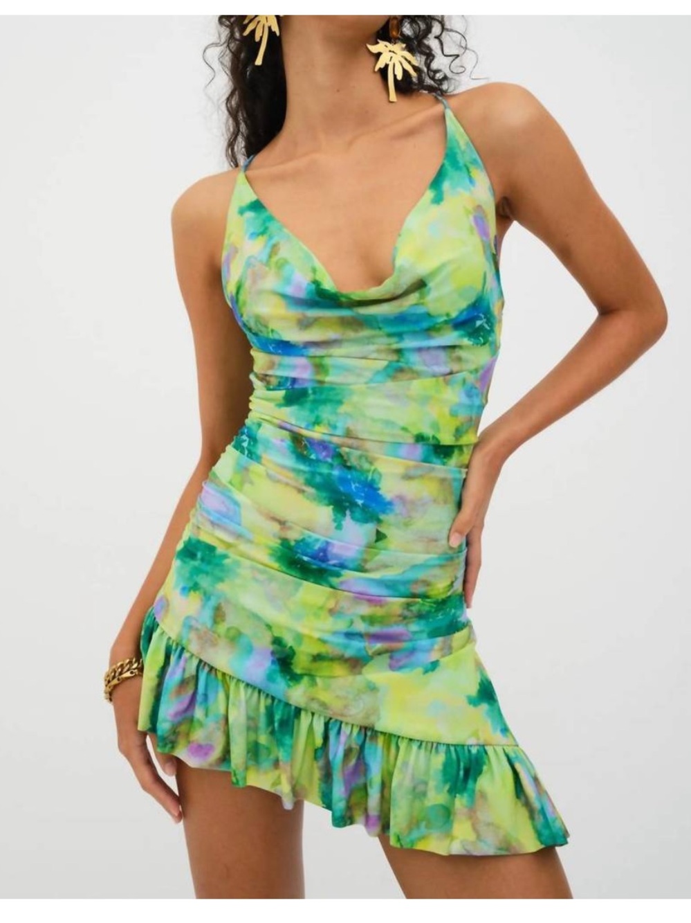 For Love and Lemons Aster Mini Dress S Green Blue Purple Cowl Neck Strappy Party